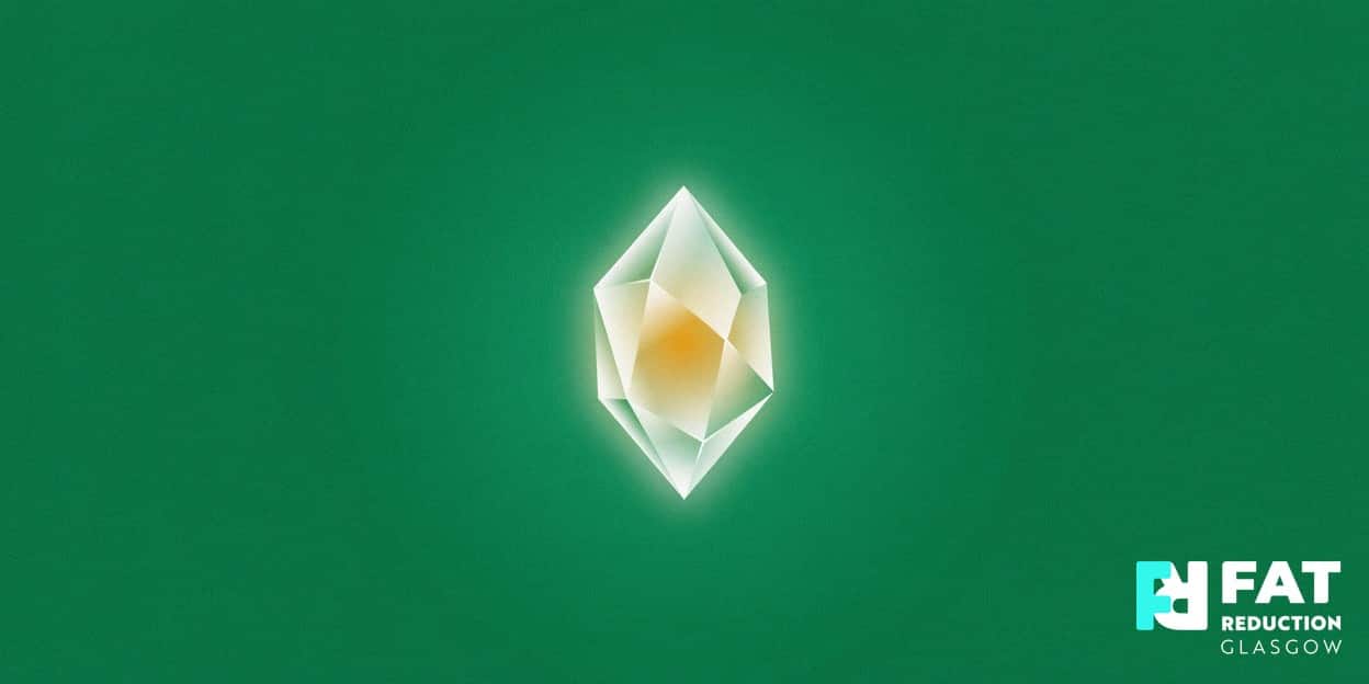A flat-vector illustration of a single faceted ice crystal with a warm glowing golden core, on a bold emerald-green background