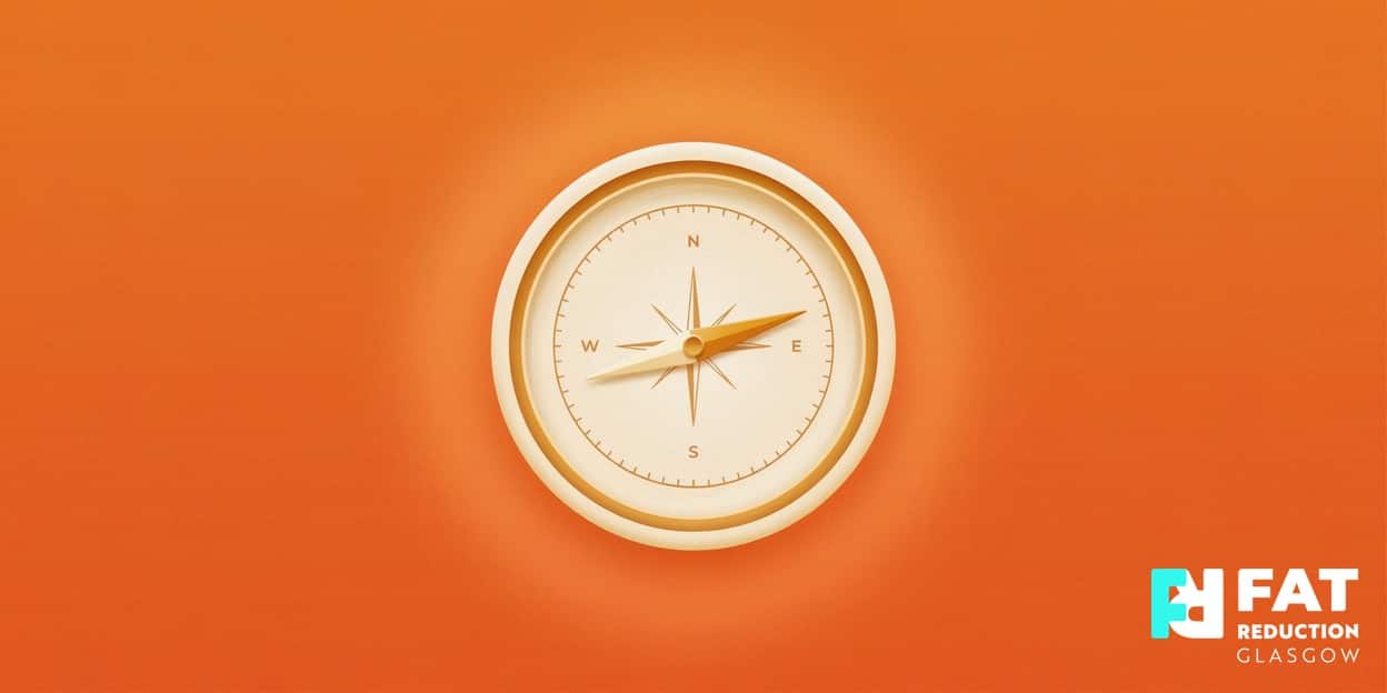 A flat-vector illustration of a golden compass centred on a bold sunset-orange background