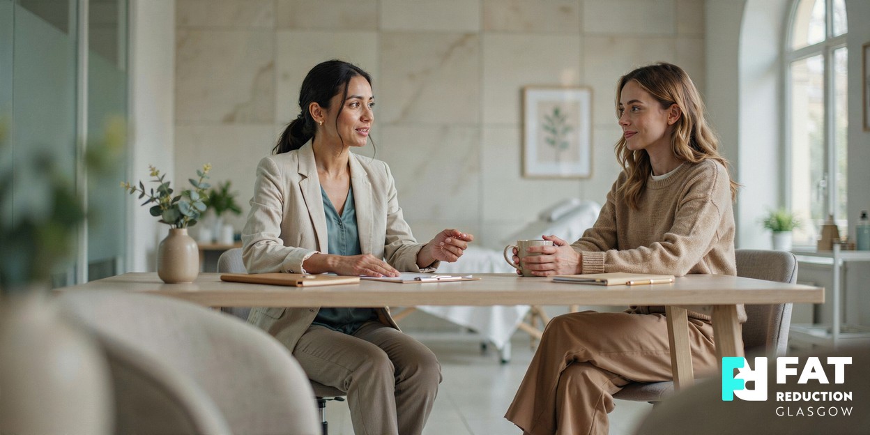 A friendly aesthetic practitioner and a client talking across a bright modern clinic consultation desk in soft natural daylight