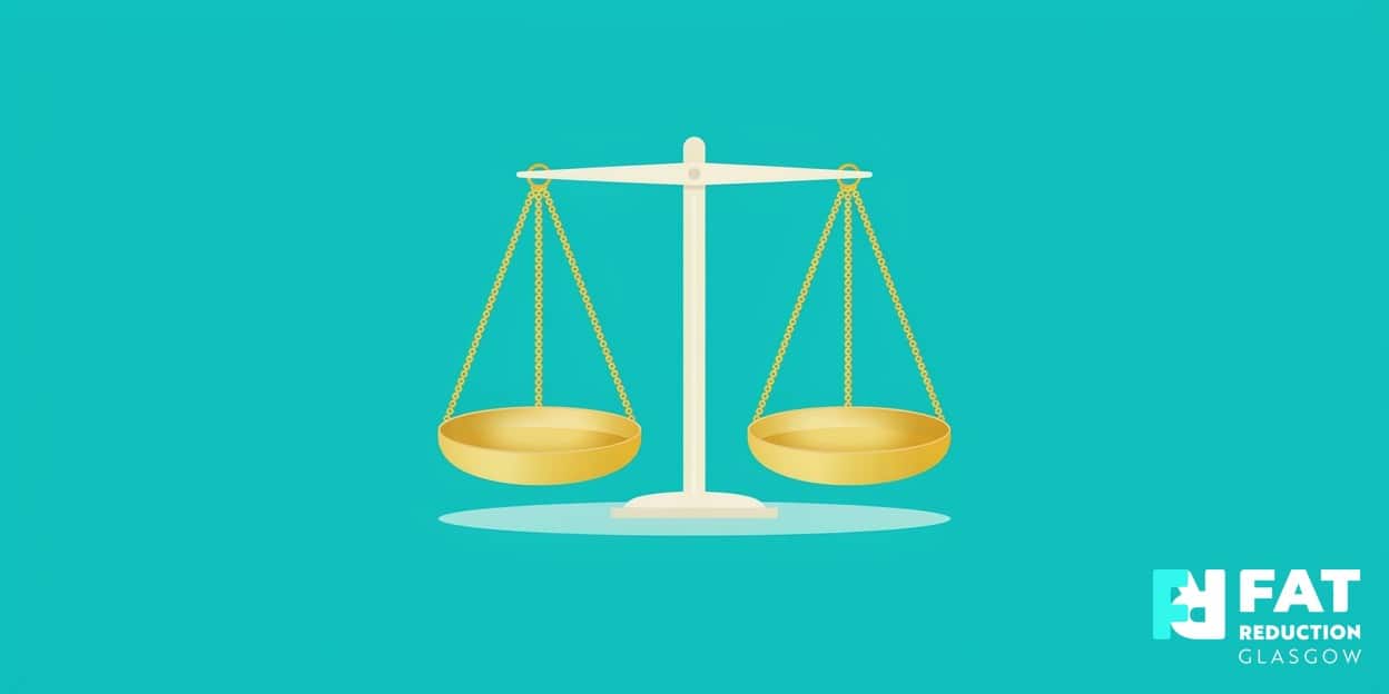 A flat-vector illustration of a balanced set of scales with a glowing golden beam, on a bold turquoise background